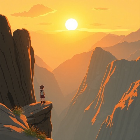 Beautiful Ghibli-style sunrise over mountain valley - Bravery pathway